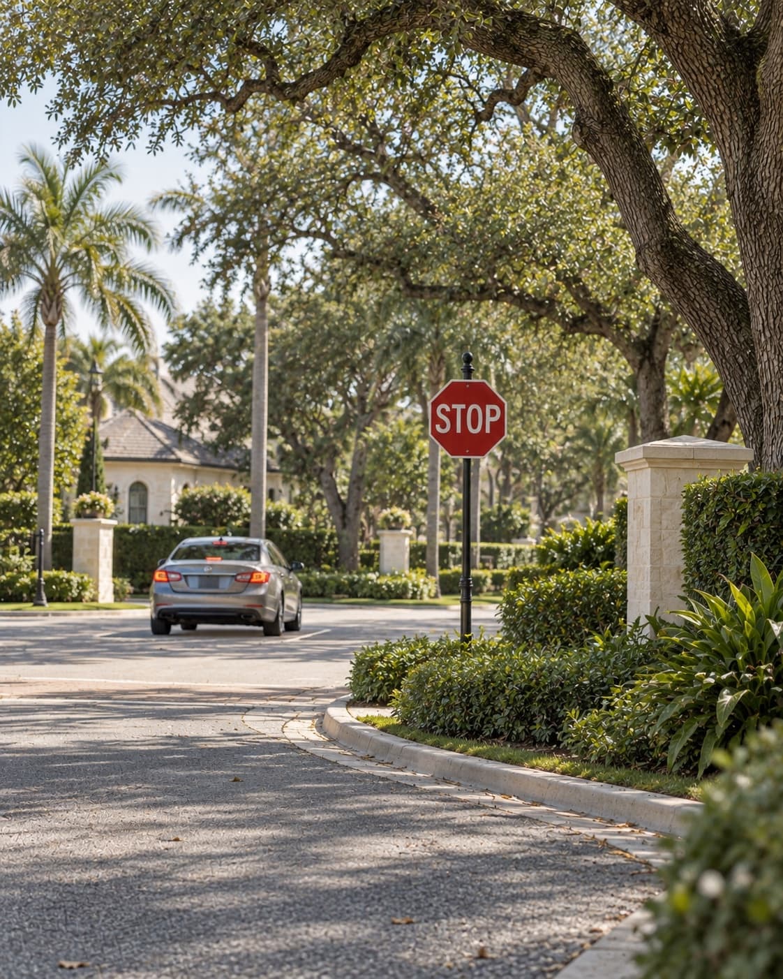 Illustrative residential intersection with a stop sign and a sedan beneath mature oak trees
