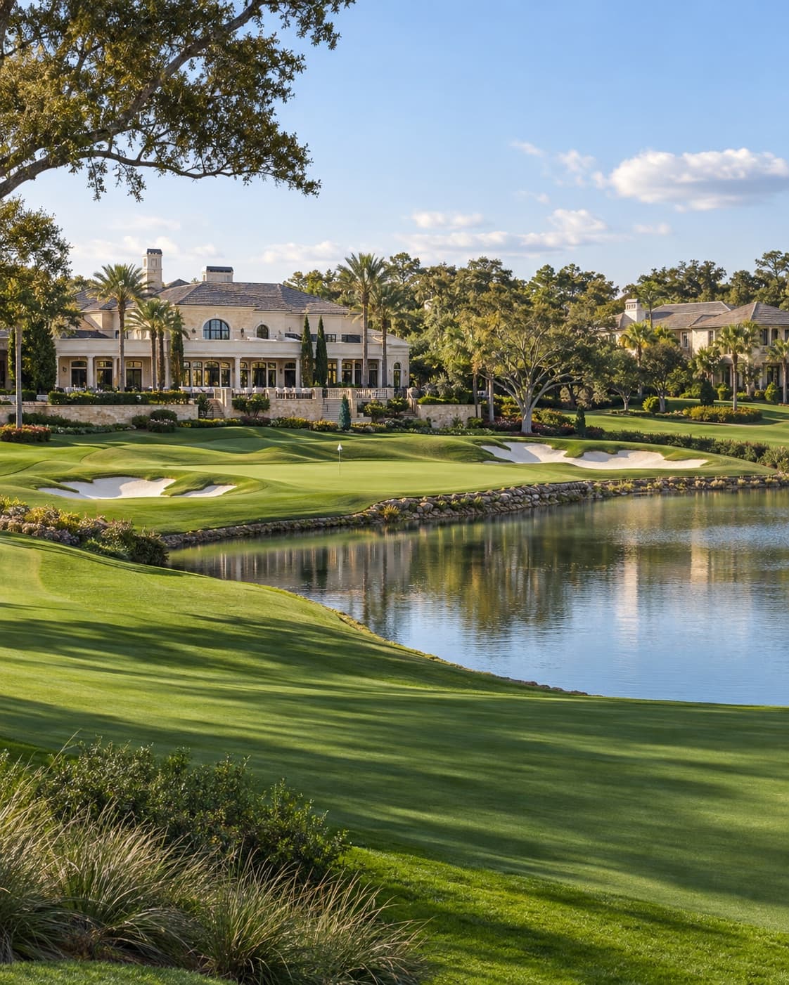 An elegant golf community with a lakeside green, cream-stone clubhouse, and landscaped residences in daylight