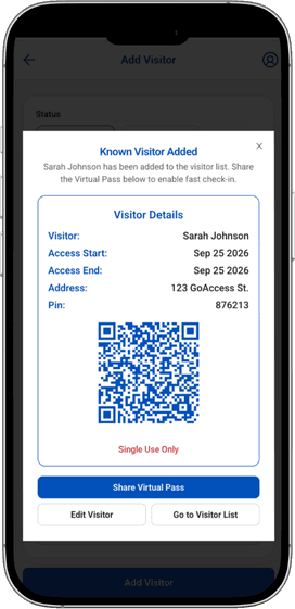 GoAccess visitor details with a single-use QR pass and sharing controls