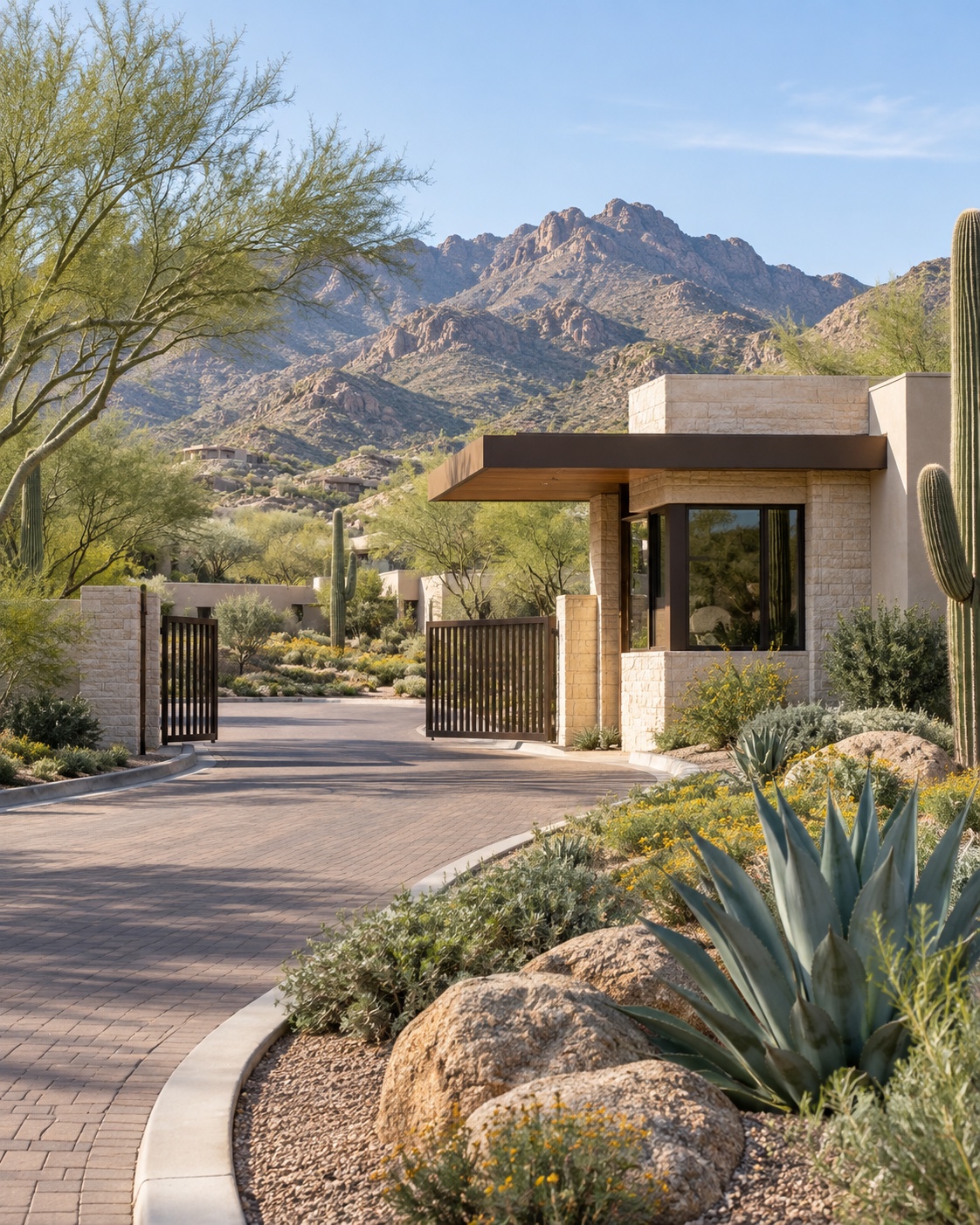 An elegant desert community entrance with warm stone architecture, native landscaping, and mountain views in daylight