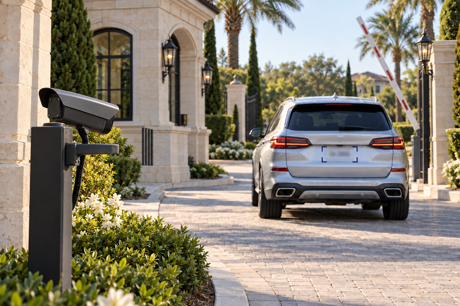 A roadside license plate recognition camera captures the rear plate of a vehicle driving through a community gate